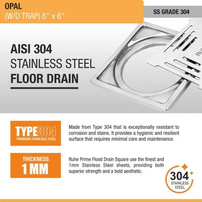 Ruhe Opal Square 304-Grade Floor Drain 6 x 6 Inches by Ruhe : Colours available: Silver 4 4