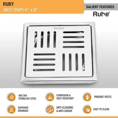 Ruhe Ruby Square 304 Grade Floor Drain 6 x 6 Inches by Ruhe : Colours available: Silver 1 2