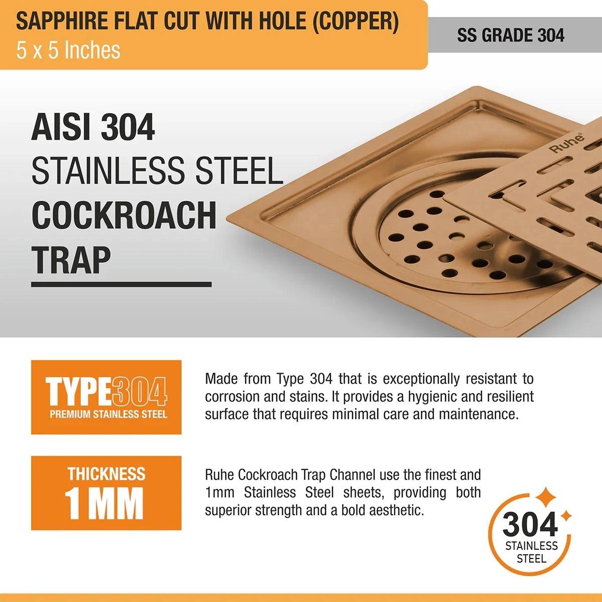 Ruhe Sapphire Square Flat Cut Floor Drain in Antique Copper PVD Coating 5 x 5 Inches with Hole 4