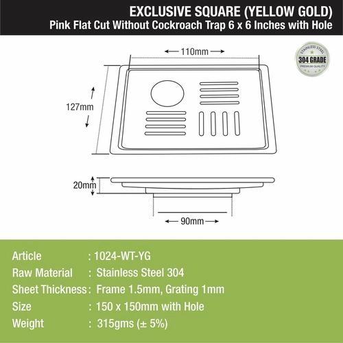 Lipka Pink Exclusive Square Flat Cut Floor Drain in Yellow Gold PVD Coating (6 x 6 Inches) with Hole 1