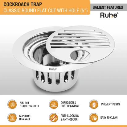 Ruhe Classic Round Flat Cut 304-Grade Floor Drain with Hole and Cockroach Trap - 5 Inches by Ruhe : Colours available: Silver 2 2