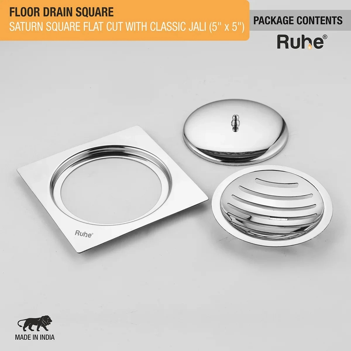 Ruhe Saturn Classic Jali Square Flat Cut Floor Drain 5 x 5 Inches With Lid by Ruhe : Colours available: Silver 3 4