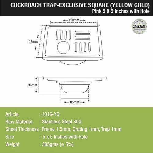 Lipka Pink Exclusive Square Floor Drain in Yellow Gold PVD Coating (5 x 5 Inches) with Hole & Cockroach Trap 1
