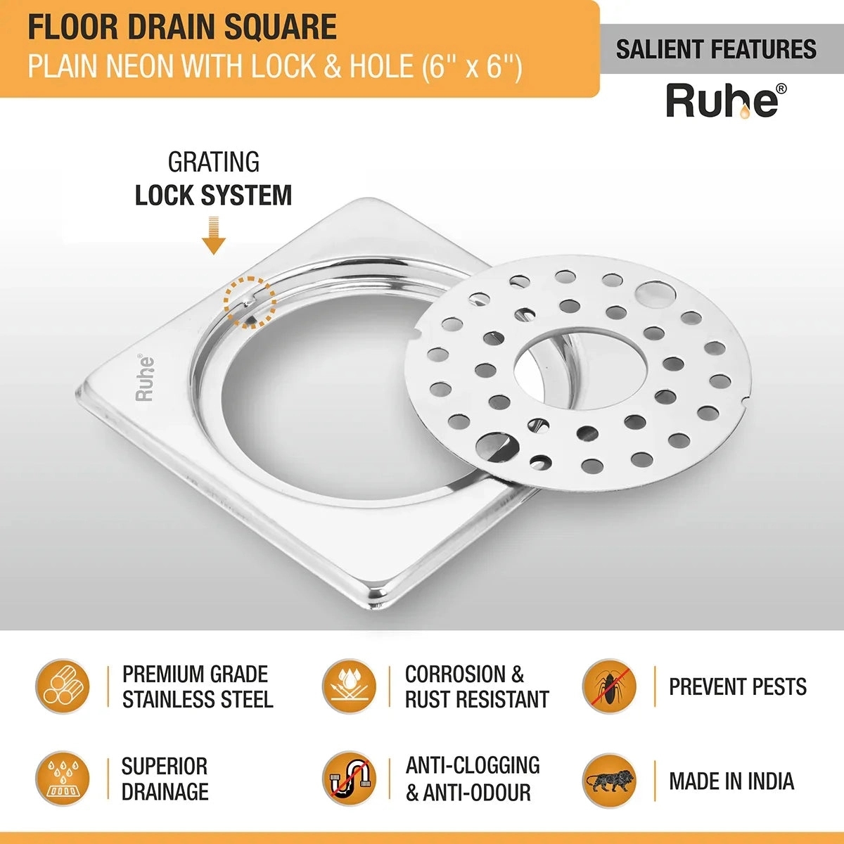 Ruhe Plain Neon With Collar Square Floor Drain 6 x 6 Inches With Lock And Hole by Ruhe : Colours available: Silver 1 2