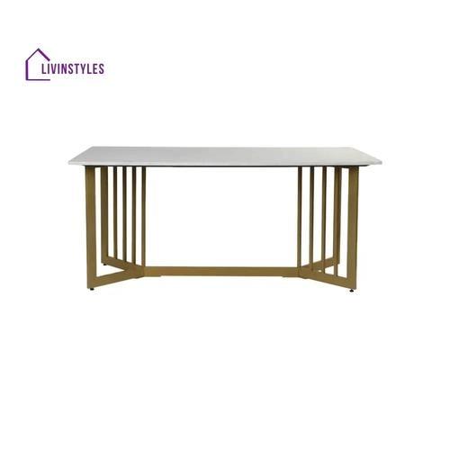 Livin styles Allen 6 Seater Marble Dining Table Set In Gold Finish - 2 Chairs + 2 Benches 1