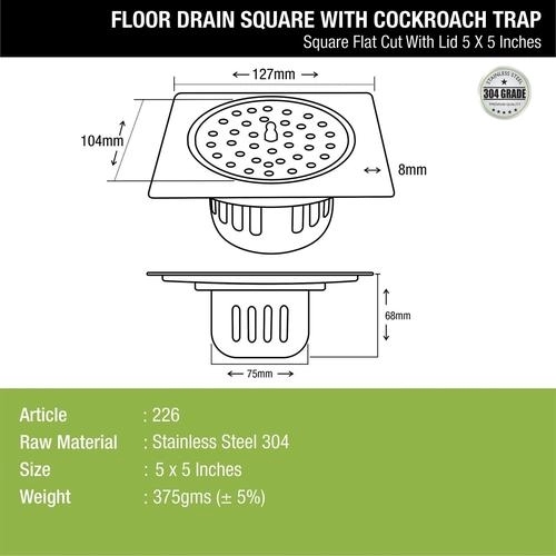 Lipka Square Flat Cut Floor Drain (5 x 5 Inches) with Lid and Cockroach Trap 1