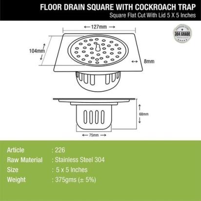 Lipka Square Flat Cut Floor Drain (5 x 5 Inches) with Lid and Cockroach Trap 1