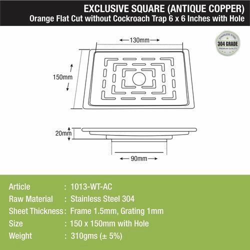 Lipka Home Orange Exclusive Square Flat Cut Floor Drain in Antique Copper PVD Coating (6 x 6 Inches) with Hole 1