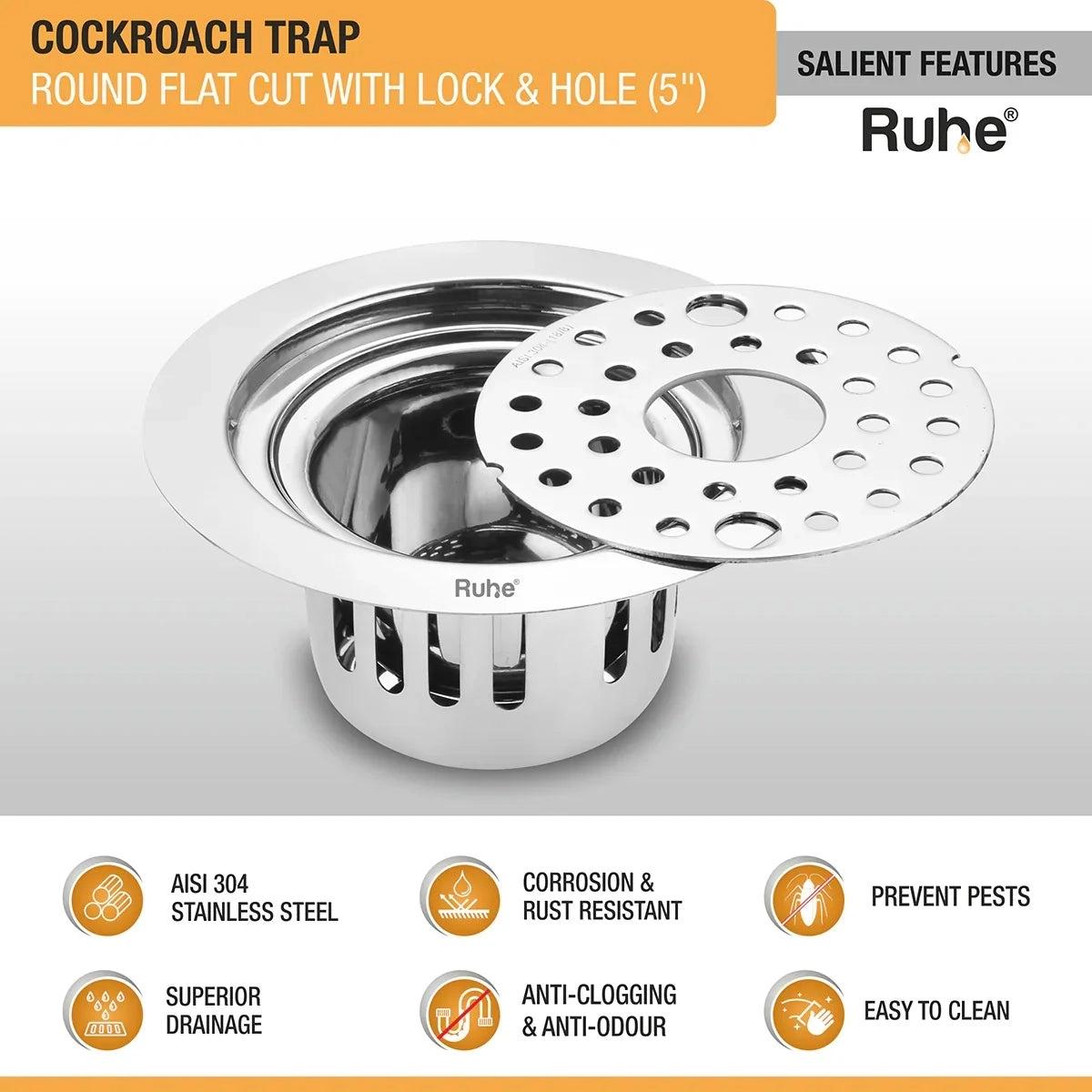 Ruhe Round Flat Cut 304-Grade Floor Drain with Lock, Hole & Cockroach Trap - 5 Inches 2