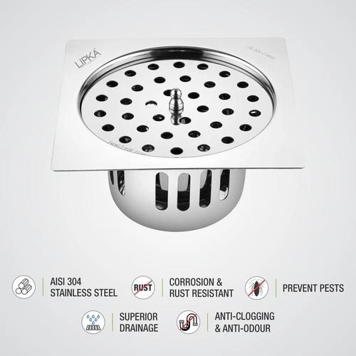 Lipka Square Flat Cut Floor Drain (5.5 x 5.5 Inches) with Lid and Cockroach Trap 2