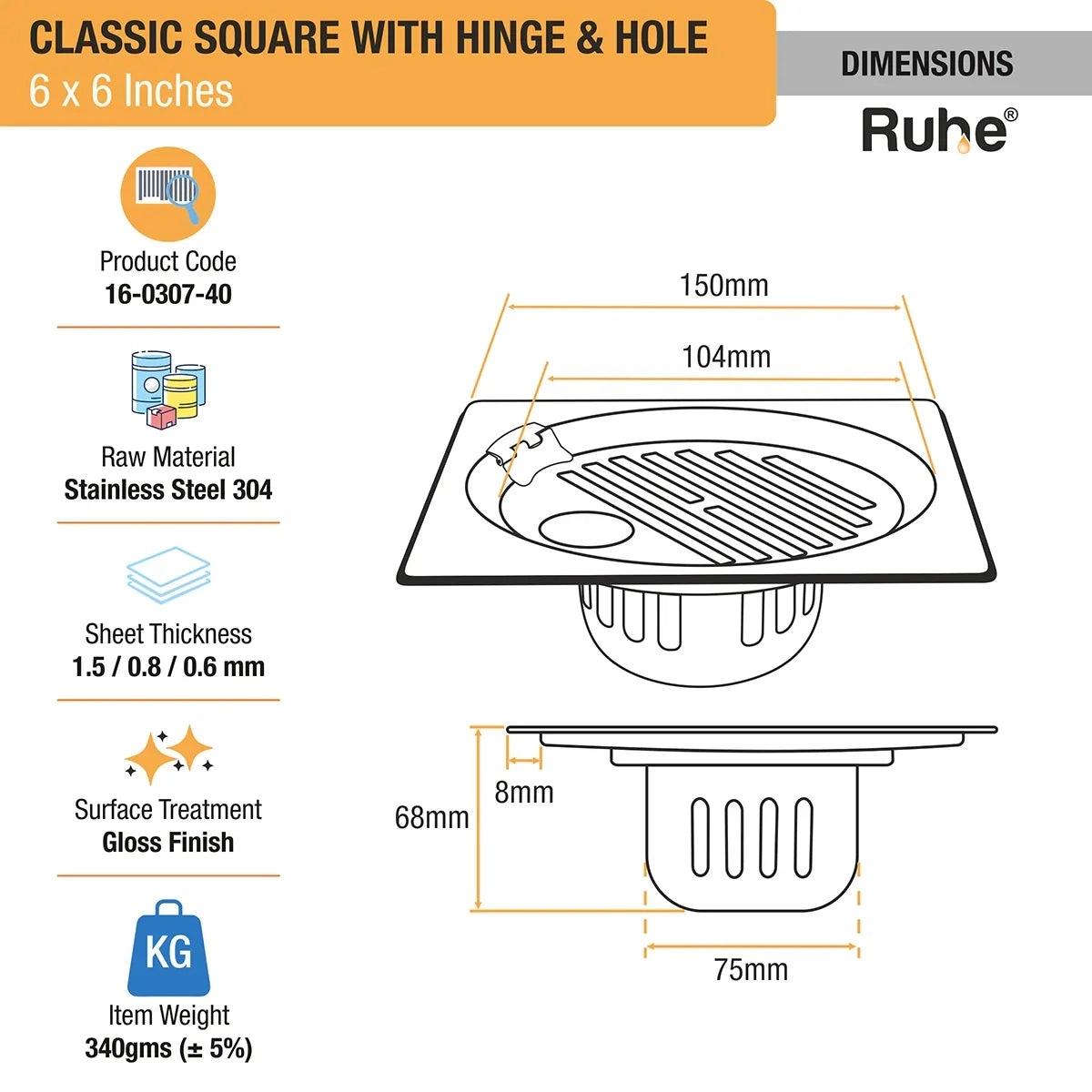 Ruhe Classic Square 304-Grade Floor Drain with Collar Hinge Hole and Cockroach Trap 6 x 6 Inches 1