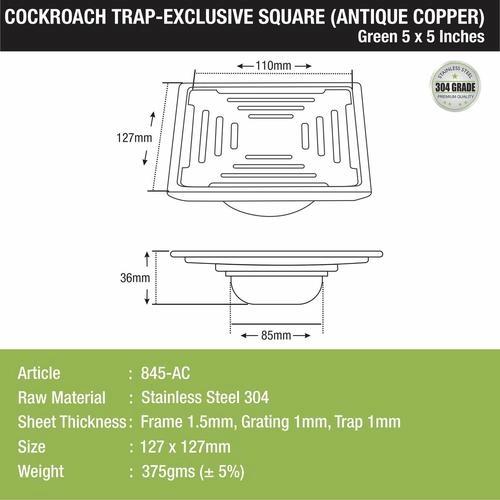 Lipka Green Exclusive Square Floor Drain in Antique Copper PVD Coating (5 x 5 Inches) with Cockroach Trap 1