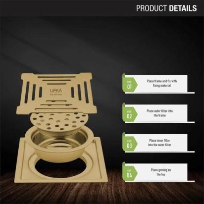 Lipka Green Exclusive Square Flat Cut Floor Drain in Yellow Gold PVD Coating (6 x 6 Inches) with Hole & Cockroach Trap 2