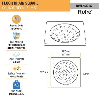 Ruhe Neon Square Floor Drain 5 x 5 Inches by Ruhe : Colours available: Silver 1 1