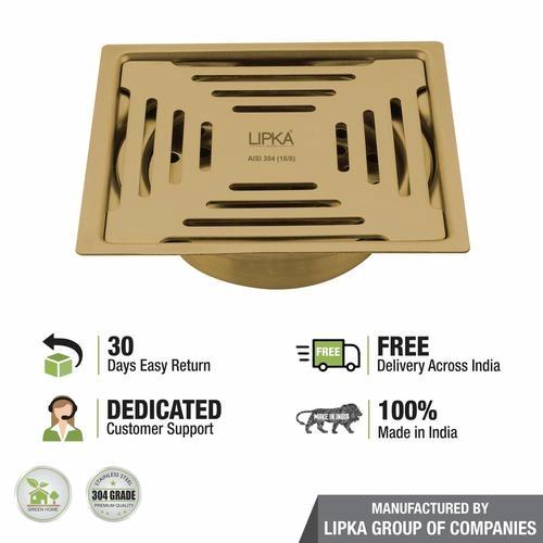 Green Exclusive Square Flat Cut Floor Drain in Yellow Gold PVD Coating (6 x 6 Inches) with Cockroach Trap 4