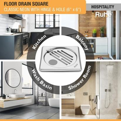 Ruhe Classic Neon Square Floor Drain 6 x 6 Inches With Hole And Hinged Grating Top by Ruhe : Colours available: Silver 1 4