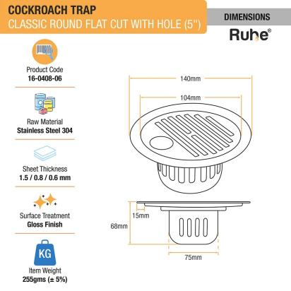 Ruhe Classic Round Flat Cut 304-Grade Floor Drain with Hole and Cockroach Trap - 5 Inches by Ruhe : Colours available: Silver 4 1