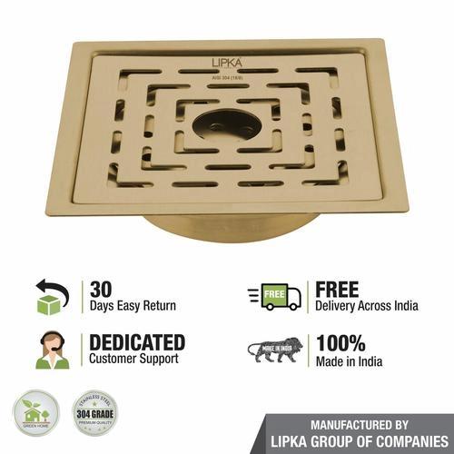 Lipka Orange Exclusive Square Flat Cut Floor Drain in Yellow Gold PVD Coating (6 x 6 Inches) with Hole & Cockroach Trap 4