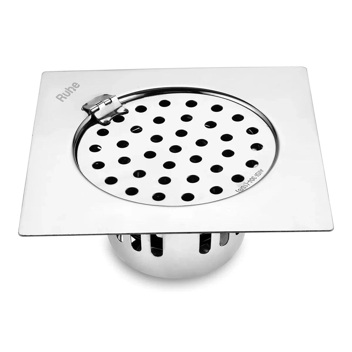 Ruhe Air Square Flat Cut 304 - Grade Floor Drain with Hinge And Cockroach Trap - 6 x 6 Inches