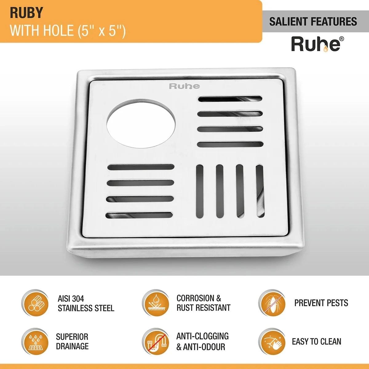 Ruhe Ruby Square 304 Grade Floor Drain With Hole 5 x 5 Inches by Ruhe : Colours available: Silver 4 2