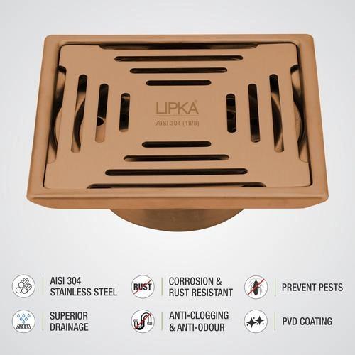 Lipka Green Exclusive Square Floor Drain in Antique Copper PVD Coating (5 x 5 Inches) with Cockroach Trap 3