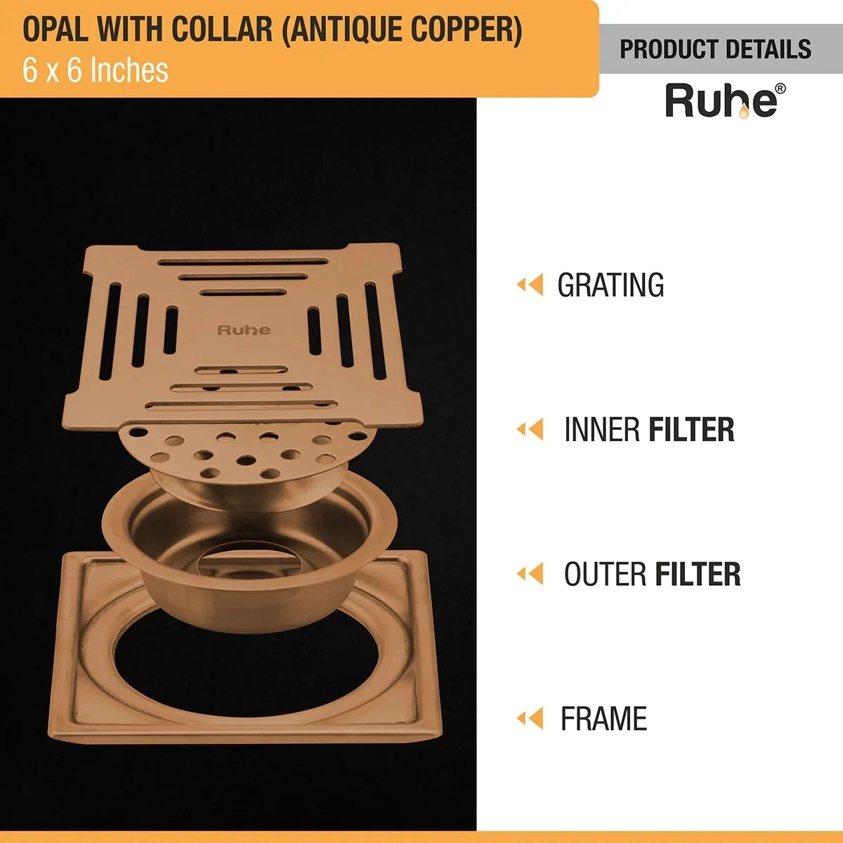 Ruhe Opal Square Flat Cut Floor Drain in Antique Copper PVD Coating 6 x 6 Inches by Ruhe : Colours available: Copper 4 2