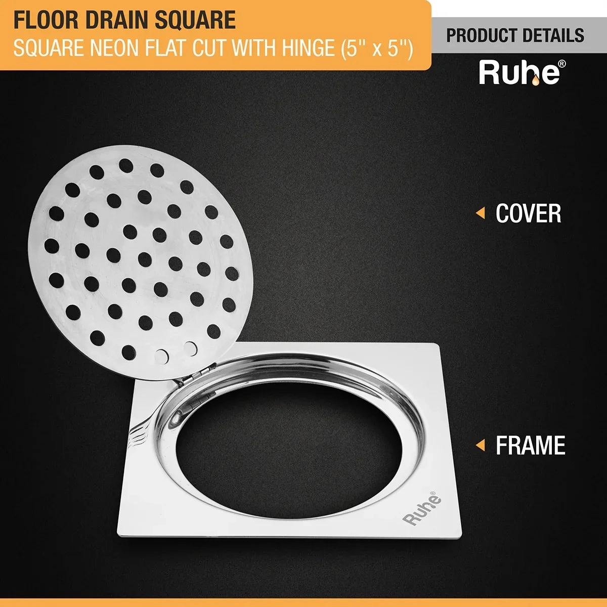 Ruhe Neon Square Flat Cut Floor Drain - 5 x 5 Inches With Hinged Grating Top by Ruhe : Colours available: Silver 1 3