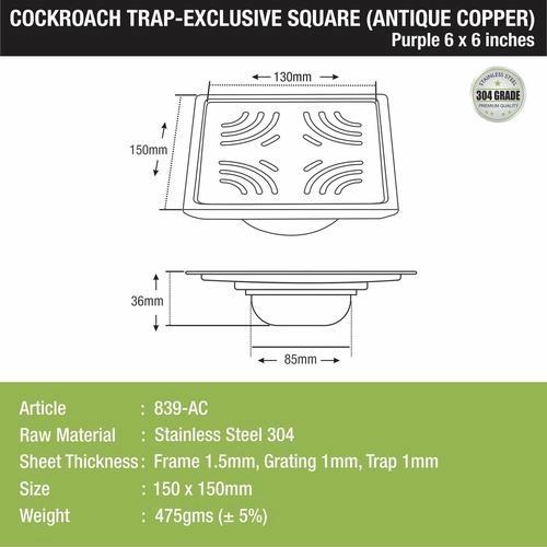 Lipka Purple Exclusive Square Floor Drain in Antique Copper PVD Coating (6 x 6 Inches) with Cockroach Trap 1
