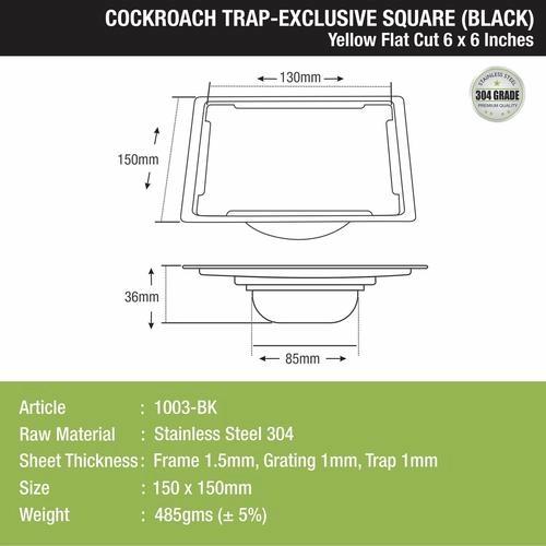LIPKA Yellow Exclusive Square Flat Cut Floor Drain in Black PVD Coating (6 x 6 Inches) with Cockroach Trap 1