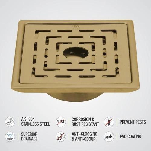 Lipka Orange Exclusive Square Floor Drain in Yellow Gold PVD Coating (6 x 6 Inches) with Hole & Cockroach Trap 3