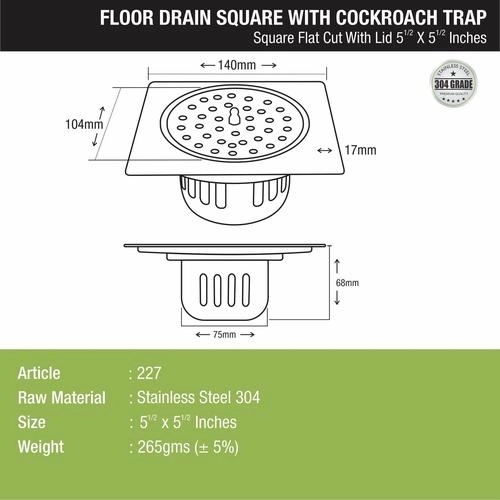 Lipka Square Flat Cut Floor Drain (5.5 x 5.5 Inches) with Lid and Cockroach Trap 1