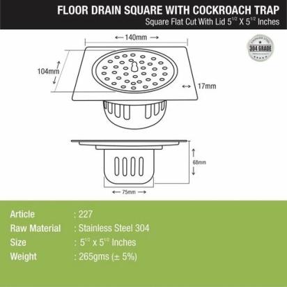 Lipka Square Flat Cut Floor Drain (5.5 x 5.5 Inches) with Lid and Cockroach Trap 1