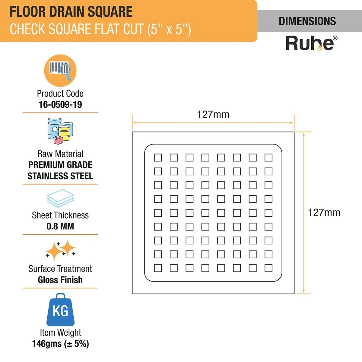 Ruhe Check Square Flat Cut Floor Drain 5 x 5 Inches by Ruhe : Colours available: Silver 1 1