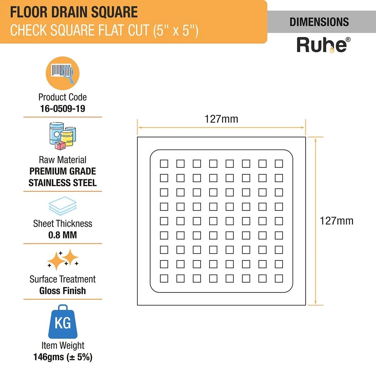 Ruhe Check Square Flat Cut Floor Drain 5 x 5 Inches 1