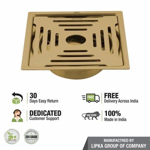 Lipka Green Exclusive Square Flat Cut Floor Drain in Yellow Gold PVD Coating (6 x 6 Inches) with Hole & Cockroach Trap 4