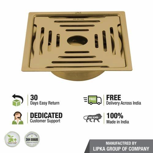 Lipka Green Exclusive Square Flat Cut Floor Drain in Yellow Gold PVD Coating (6 x 6 Inches) with Hole & Cockroach Trap 4