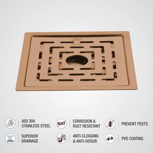 Lipka Home Orange Exclusive Square Flat Cut Floor Drain in Antique Copper PVD Coating (6 x 6 Inches) with Hole 2