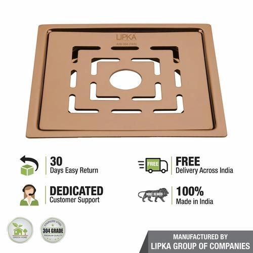 Lipka Home Orange Exclusive Square Flat Cut Floor Drain in Antique Copper PVD Coating (6 x 6 Inches) with Hole 3