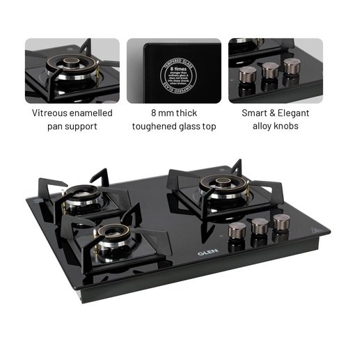 Glen 3 Burner DFVS Glass Hob with Triple Ring Forged Brass Burners Auto Ignition (BH1063DFHTTR) 3
