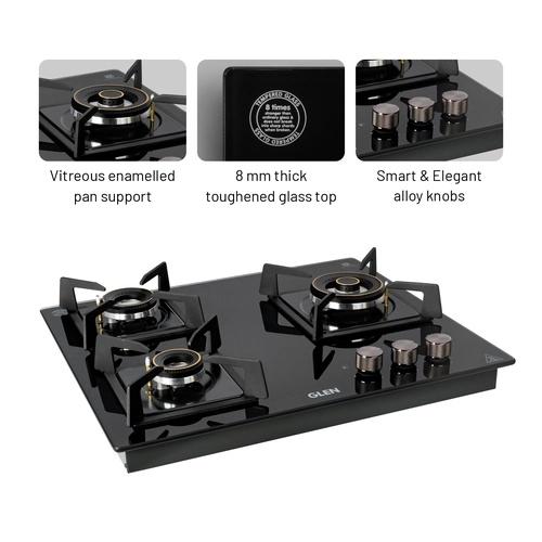 Glen 3 Burner DFVS Glass Hob with Triple Ring Forged Brass Burners Auto Ignition (BH1063DFHTTR) 3