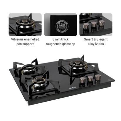 Glen 3 Burner DFVS Glass Hob with Triple Ring Forged Brass Burners Auto Ignition (BH1063DFHTTR) 3