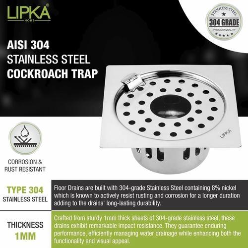 Lipka Square Flat Cut Floor Drain (5.5 x 5.5 Inches) with Hinge, Hole and Cockroach Trap 3