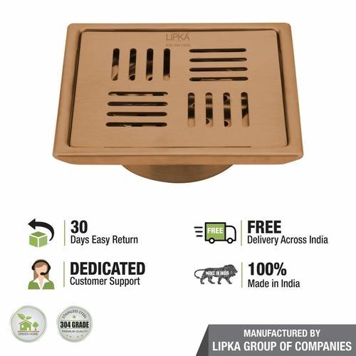 Lipka Pink Exclusive Square Floor Drain in Antique Copper PVD Coating (5 x 5 Inches) with Cockroach Trap 4
