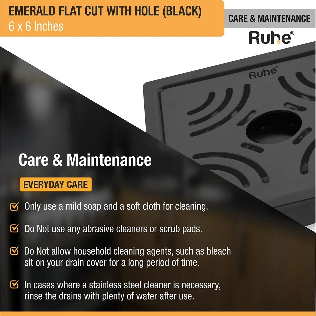 Ruhe Emerald Square Flat Cut Floor Drain in Black PVD Coating 6 x 6 Inches with Hole by Ruhe : Colours available: Black 5 6