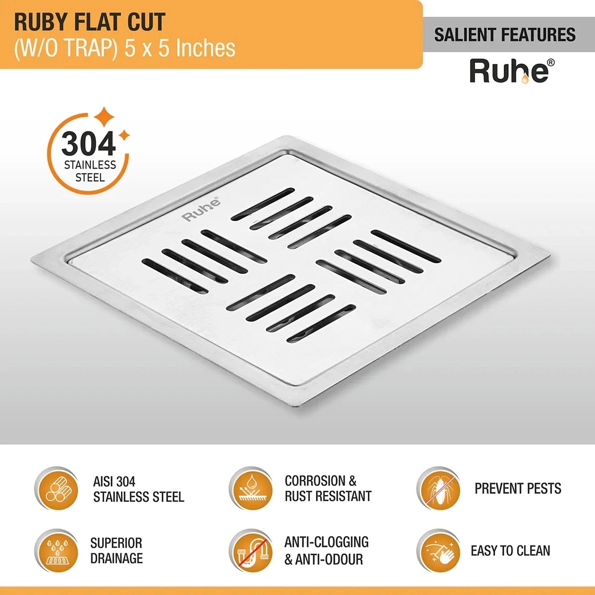 Ruby Square Flat Cut 304-Grade Floor Drain 5 x 5 Inches by Ruhe : Colours available: Silver 2 2