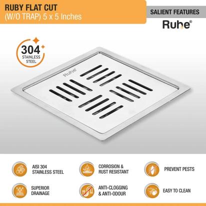 Ruby Square Flat Cut 304-Grade Floor Drain 5 x 5 Inches by Ruhe : Colours available: Silver 2 2