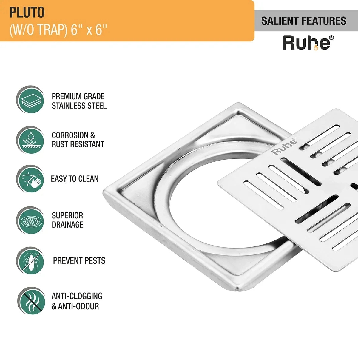 Ruhe Pluto Square Premium Floor Drain 6 x 6 Inches by Ruhe 3 2