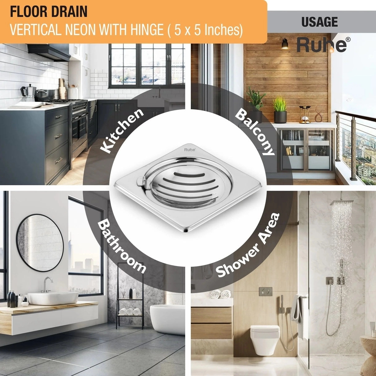 Ruhe Vertical Neon Square Floor Drain 5 x 5 Inches With Hinge by Ruhe : Colours available: Silver 4 3