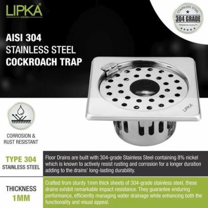 Lipka Square Floor Drain (6 x 6 Inches) with Hinge, Hole and Cockroach Trap 4