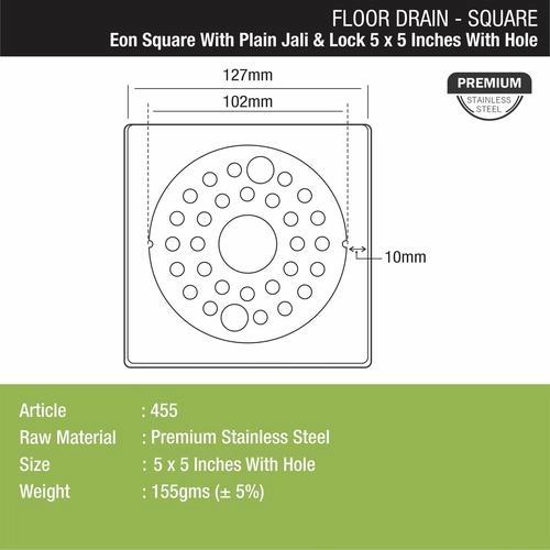 Lipka Eon Square Floor Drain with Plain Jali, Lock and Hole (5 x 5 Inches) 1